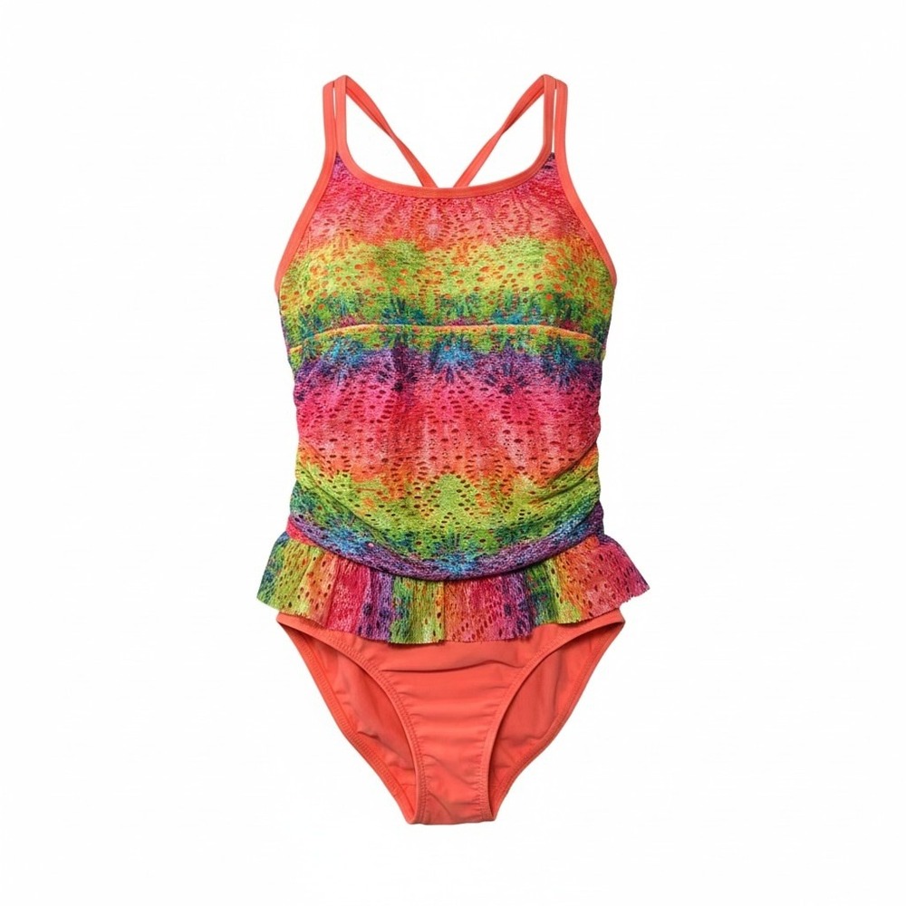 Wonder Nation Girls Rainbow Tie Dye Crochet One Piece Swimsuit Flash Peach 10-12